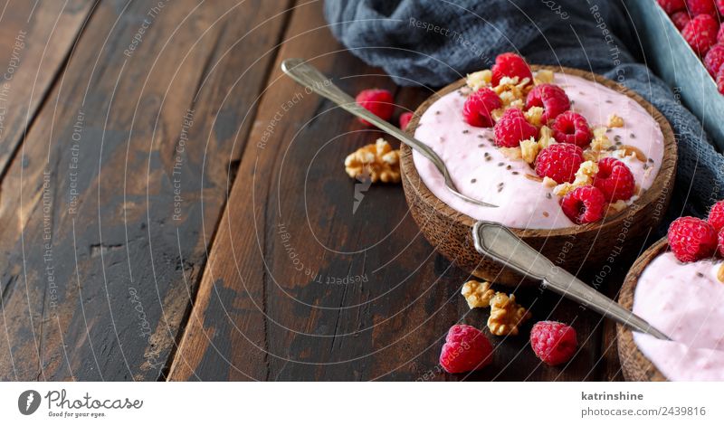 Raspberries smoothie bowls Yoghurt Fruit Dessert Nutrition Breakfast Vegetarian diet Diet Bowl Spoon Summer Fresh Pink Red White background Berries blended chia