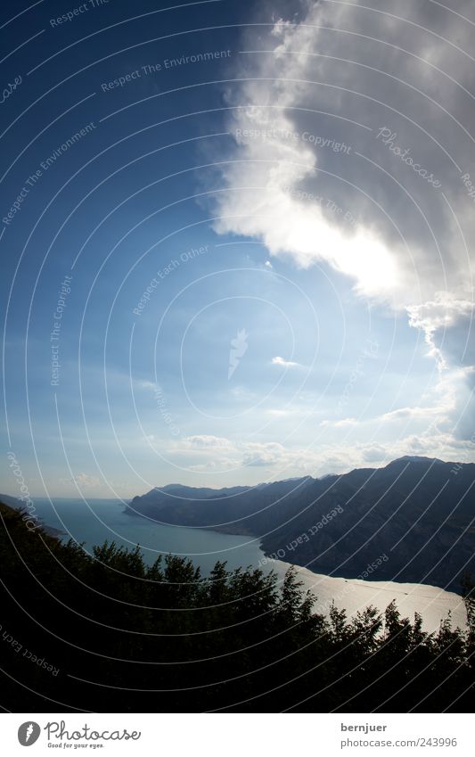 rain, baby Nature Landscape Plant Air Water Sky Clouds Storm clouds Sun Sunlight Climate Bushes Lake Fear Esthetic Lake Garda South Tyrol Mountain Back-light