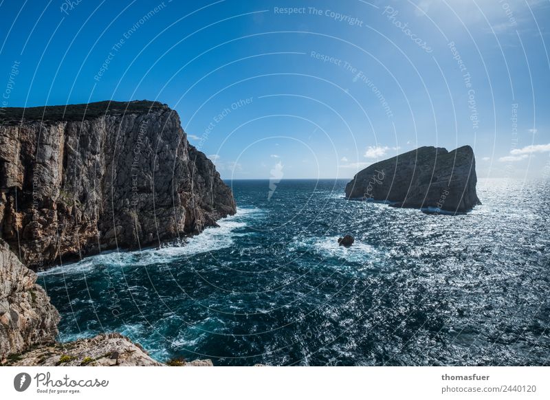 Sea with cliffs Environment Nature Earth Air Water Sky Clouds Horizon Summer Beautiful weather Waves Coast Bay Fjord Reef Ocean Mediterranean sea Island