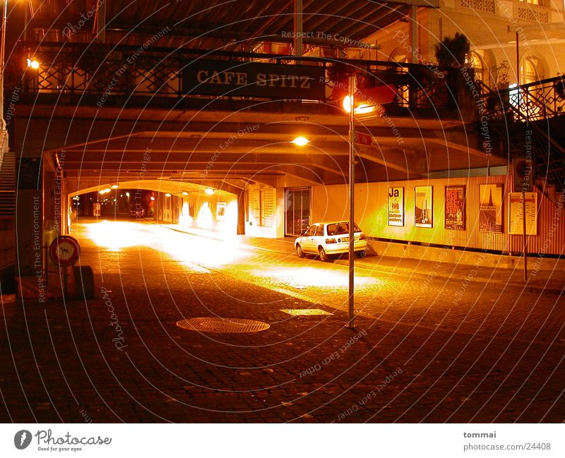 cafe pointed Café Restaurant Basel Night Light Red Long exposure Lantern Lamp Point Underpass Bridge