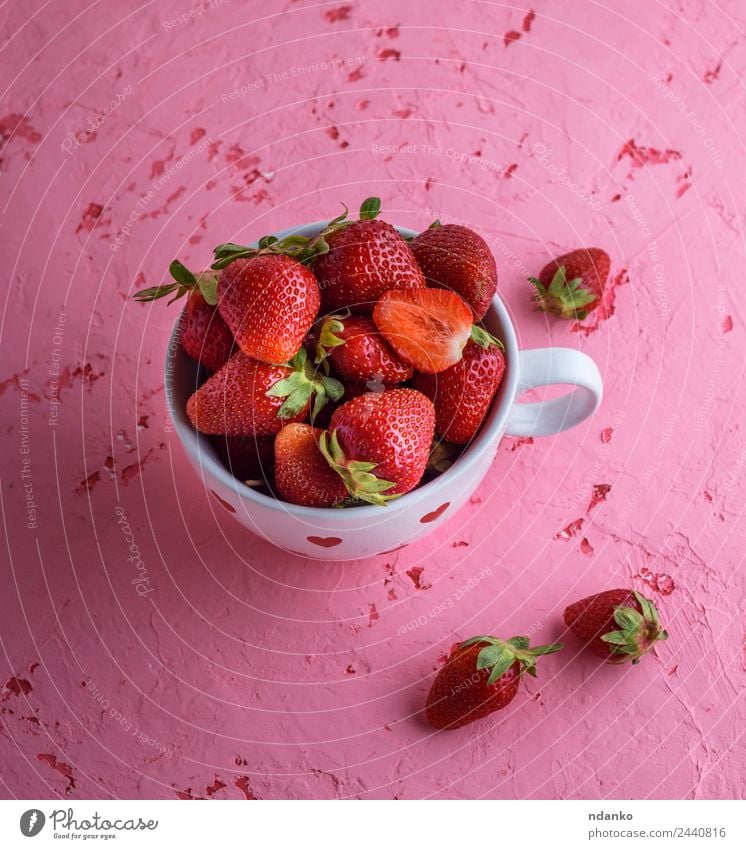 fresh red strawberry Fruit Dessert Vegetarian diet Mug Summer Table Eating Fresh Natural Pink Red Strawberry background Mature food healthy Organic sweet