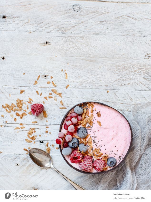 Wild berries smoothie bowl Yoghurt Fruit Dessert Nutrition Breakfast Vegetarian diet Diet Bowl Spoon Summer Fresh Pink Red White background Berries blended chia