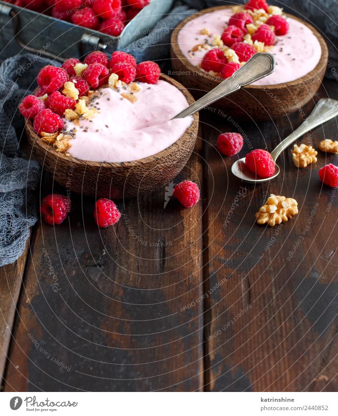 Raspberries smoothie bowls Yoghurt Fruit Dessert Nutrition Breakfast Vegetarian diet Diet Bowl Spoon Summer Fresh Pink Red White background Berries blended chia