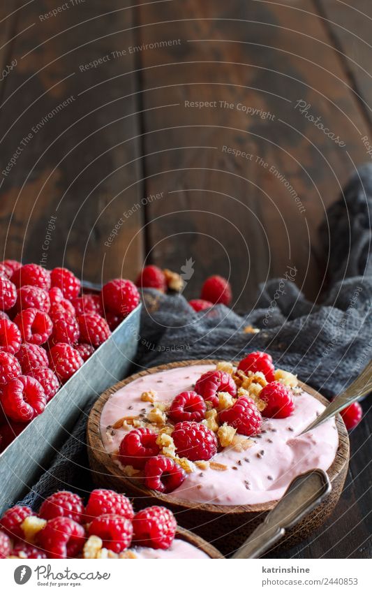 Raspberries smoothie bowls Yoghurt Fruit Dessert Nutrition Breakfast Vegetarian diet Diet Bowl Spoon Summer Fresh Pink Red White background Berries blended chia