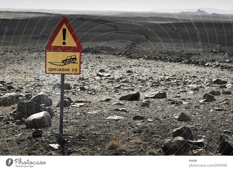 Stones on the way Nature Landscape Earth Horizon Lanes & trails Signs and labeling Signage Warning sign Dry Dangerous Target Iceland Offroad vehicle