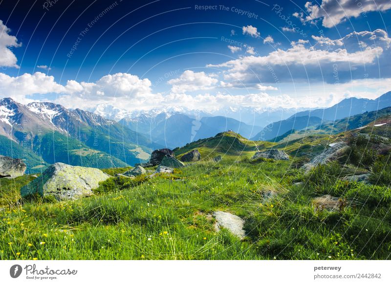 mountain panorama from fiescheralp and bettmeralp Trip Summer Nature Clouds Moss Meadow Alps Mountain Hiking Blue Green White Joy Aletsch glacier Switzerland