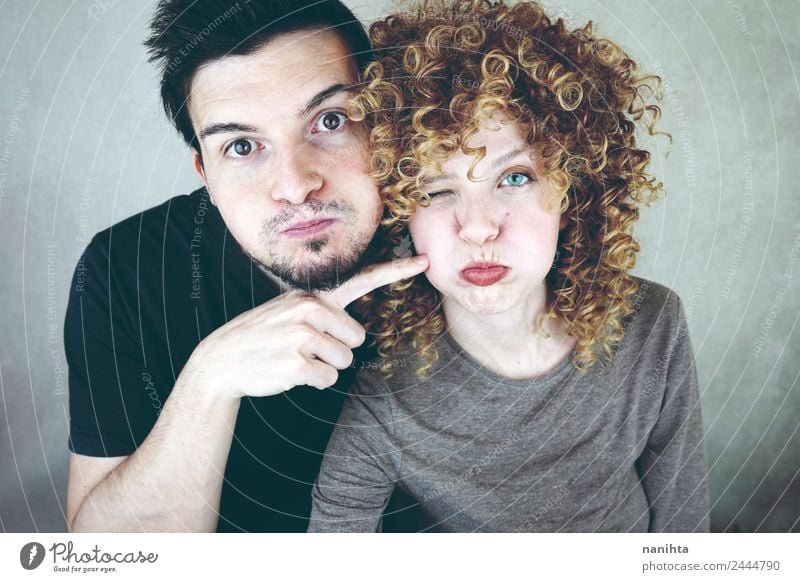 Young couple posing with funny faces Lifestyle Joy Human being Masculine Feminine Woman Adults Man Family & Relations Friendship Couple Partner