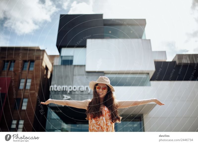 Cute woman with opened arms posing in front of Sydney Contemporary Art Museum. Lifestyle Leisure and hobbies Human being Young woman Youth (Young adults) Woman