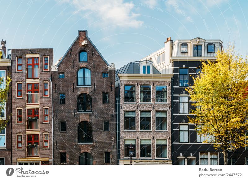 Beautiful Architecture Of Dutch Houses On Amsterdam Canal In Autumn canal Netherlands City House (Residential Structure) Famous building Vacation & Travel