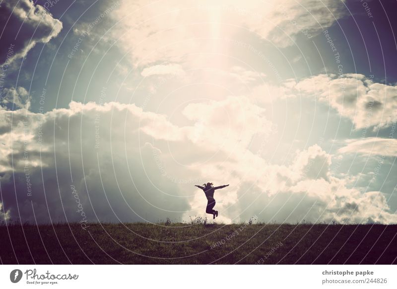 jump Lifestyle Joy Freedom 1 Human being Landscape Sunlight Beautiful weather Storm Jump Joie de vivre (Vitality) Enthusiasm Colour photo Subdued colour