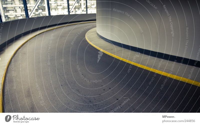 curve Parking garage Building Architecture Transport Traffic infrastructure Street Tunnel Gloomy Yellow Gray Curve Curbside Curved Expressway exit Asphalt