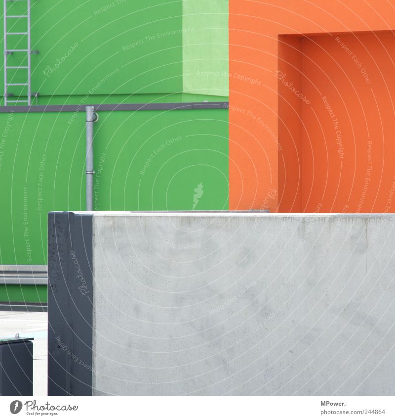 Angled Parking garage Architecture Wall (barrier) Wall (building) Gray Green Orange Ladder Iron-pipe Line Corner Whimsical Perspective Illusion Concrete wall