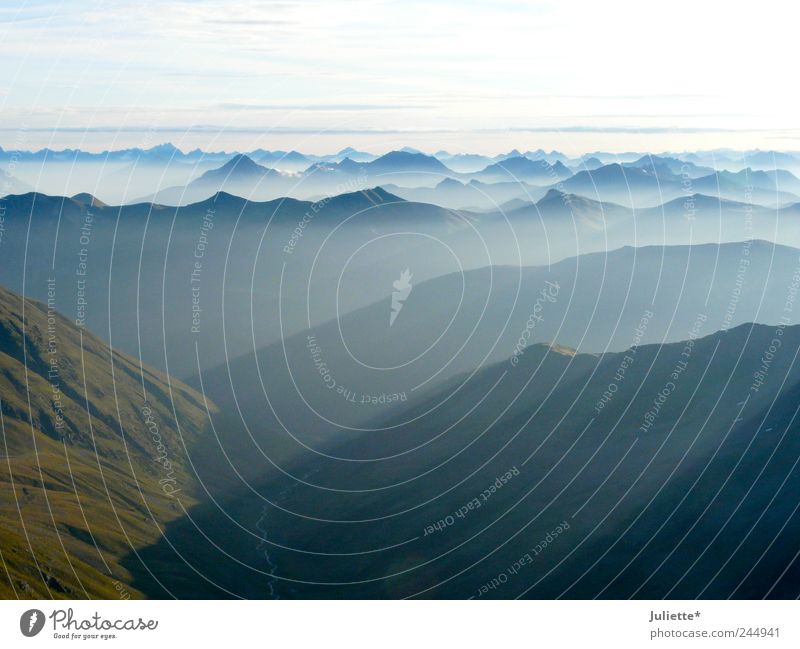 Nice views! Nature Landscape Air Sky Clouds Horizon Sunlight Summer Weather Beautiful weather Fog Hill Alps Mountain Engadine Valley Far-off places Peak