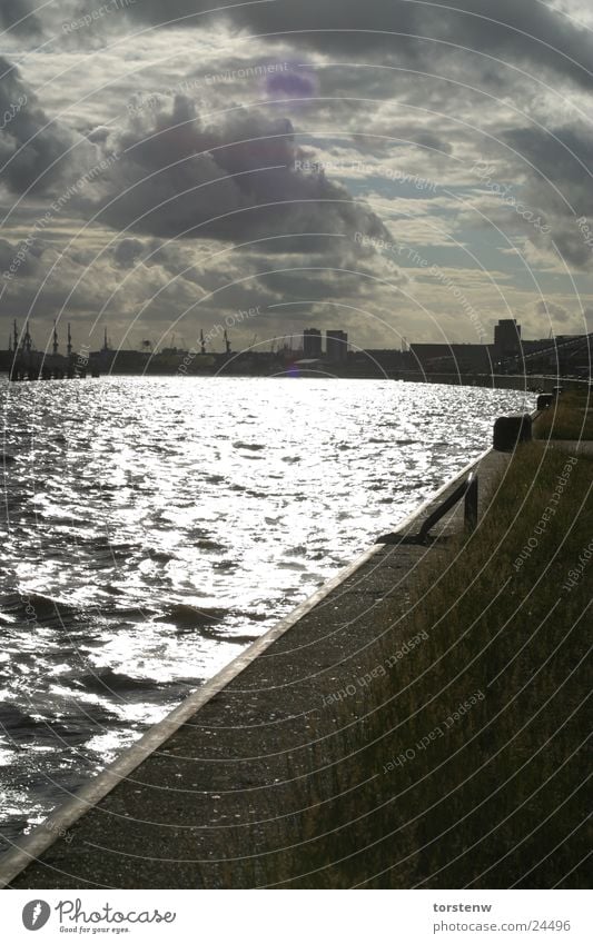 Port of Hamburg Water Clouds Town Harbour Dark Long Gray Jetty Mole Elbe Colour photo Exterior shot Evening Twilight Panorama (View) Back-light Water reflection