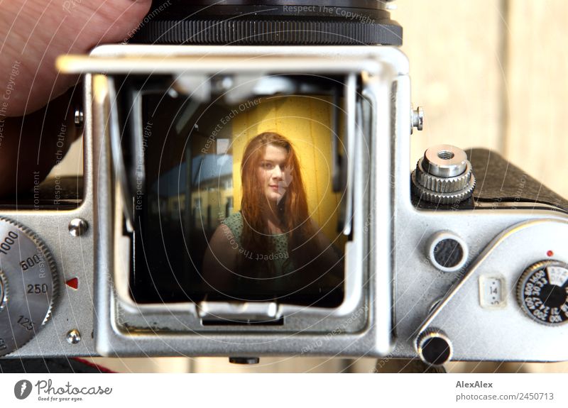 Image of a woman in the viewfinder of an analog camera Lifestyle Beautiful Harmonious Trip Camera pentacon six Young woman Youth (Young adults) 18 - 30 years