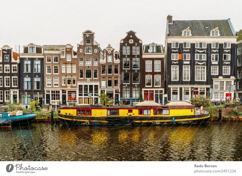 Architecture Of Dutch Houses Facade and Houseboats On Amsterdam Canal canal Netherlands City House (Residential Structure) Famous building Vacation & Travel