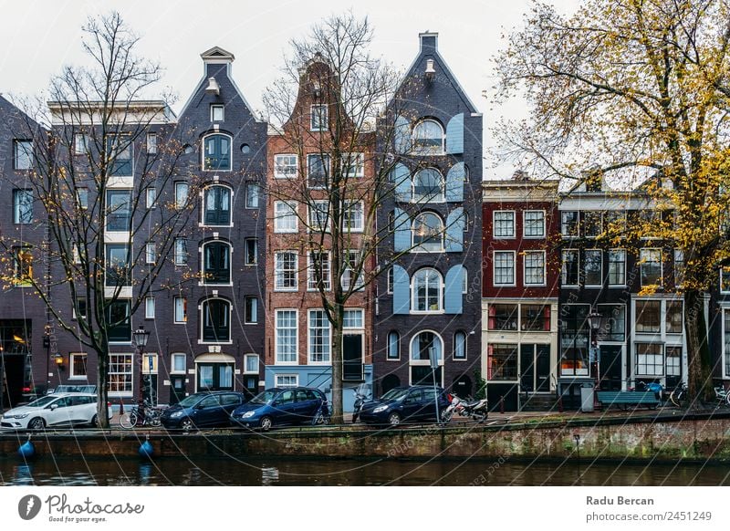 Architecture Of Dutch Houses Facade and Houseboats On Amsterdam Canal canal Netherlands City House (Residential Structure) Famous building Vacation & Travel