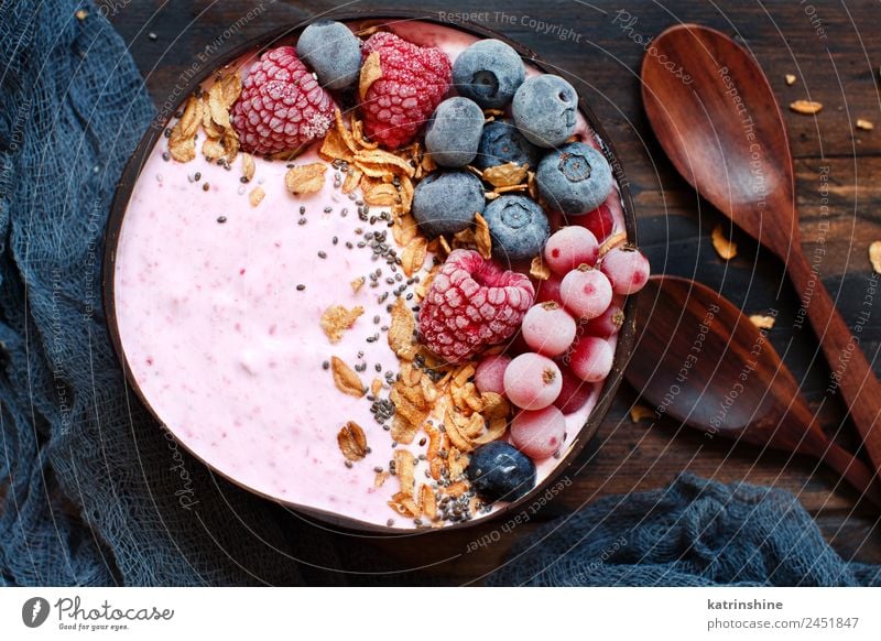 Wild berries smoothie bowls Yoghurt Fruit Dessert Nutrition Breakfast Vegetarian diet Diet Bowl Spoon Summer Fresh Pink Red background Berries blended chia