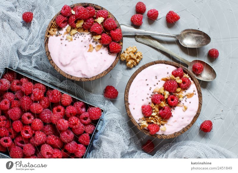 Raspberries smoothie bowls Yoghurt Fruit Dessert Nutrition Breakfast Vegetarian diet Diet Bowl Spoon Summer Fresh Pink Red White background Berries blended chia