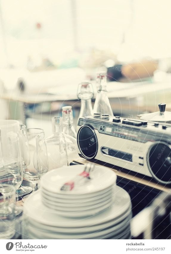 unleaded. Style Design Esthetic Junk Bottle Glass Plate Radio (broadcasting) Odds and ends Living or residing Retro Colour photo Interior shot Copy Space left