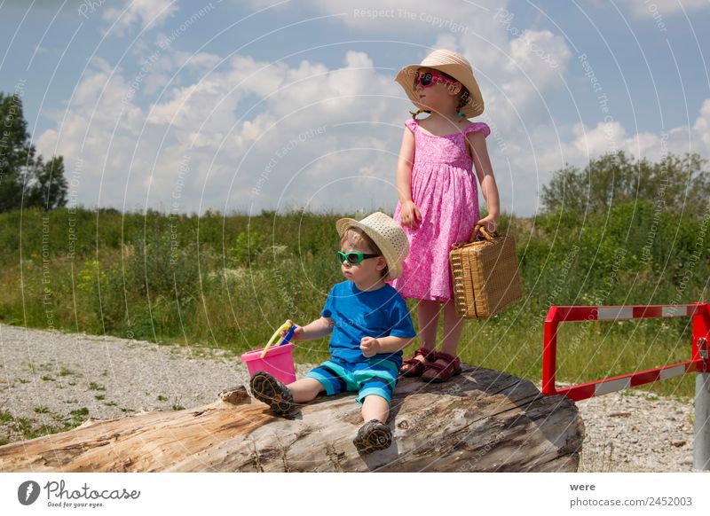 A boy and a girl in toddlerhood are standing on a log in summer clothes Beach Human being Baby Family & Relations Relaxation Vacation & Travel Stand beach chair