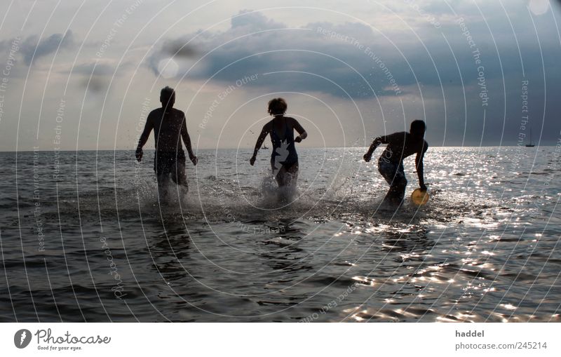 baywatch Joy Summer vacation Beach Ocean Masculine Youth (Young adults) Life 3 Human being Sky Clouds Sunlight Waves Coast Baltic Sea Walking Running Bright Wet