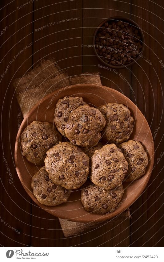 Double Chocolate Chip Cookies Dessert Candy Breakfast Dark Brown food cookie biscuit Home-made Baking sweet cake Snack American Baked goods Rustic overhead Top