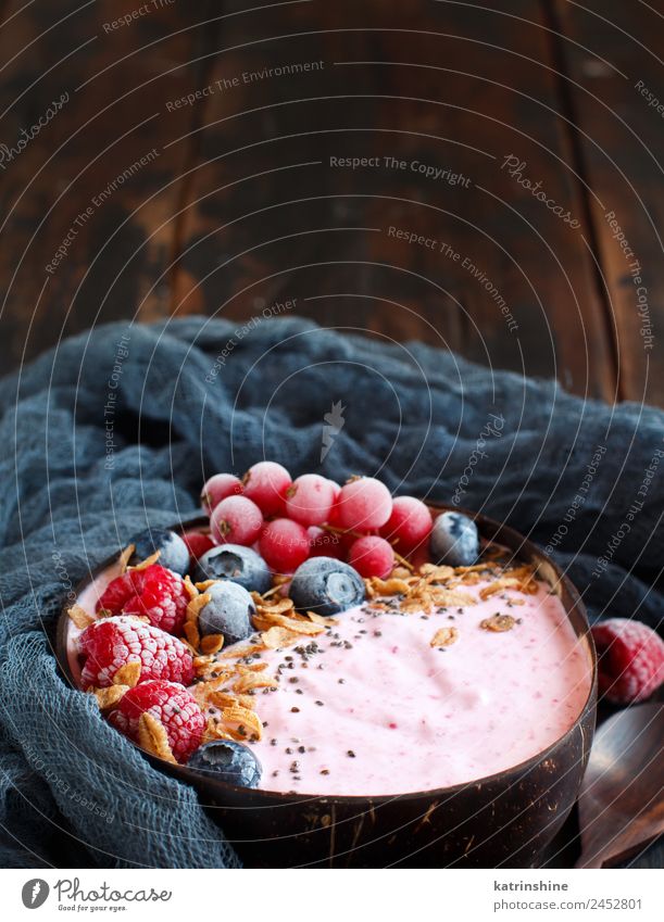 Wild berries smoothie bowls Yoghurt Fruit Dessert Nutrition Breakfast Vegetarian diet Diet Bowl Spoon Summer Fresh Pink Red background Berries blended chia