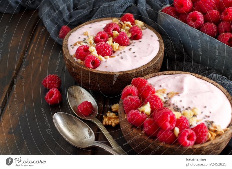 Raspberries smoothie bowls Yoghurt Fruit Dessert Nutrition Breakfast Vegetarian diet Diet Bowl Spoon Summer Fresh Pink Red White background Berries blended chia