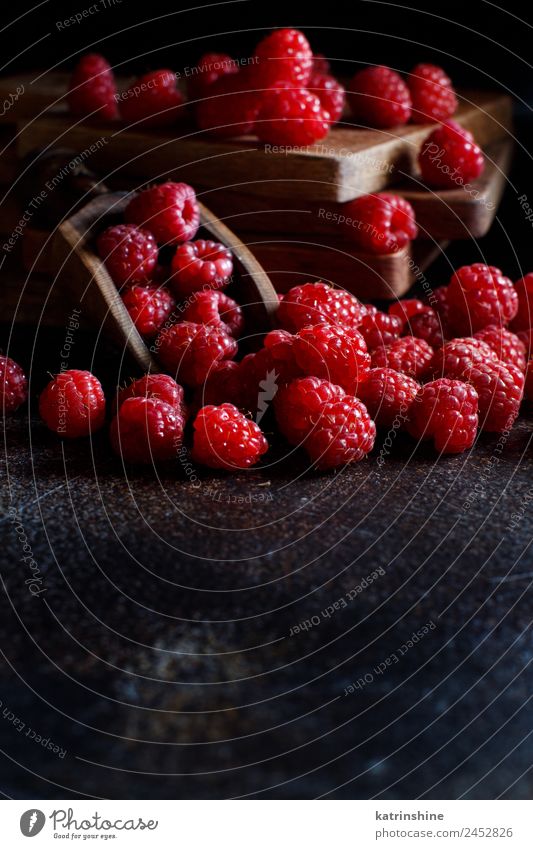 Fresh raspberries Fruit Dessert Nutrition Breakfast Vegetarian diet Diet Summer Dark Natural Pink Red Black background Berries colorful Detox food healthy