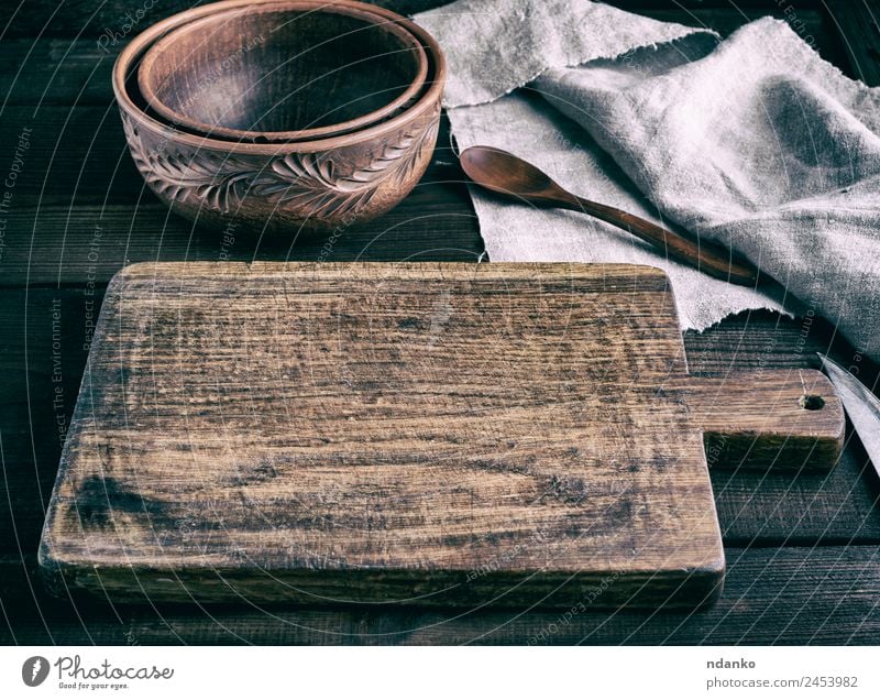 empty brown wooden cutting board Bowl Spoon Kitchen Wood Old Dark Natural Retro Brown ceramic background cooking vintage chopping Consistency Surface utensil