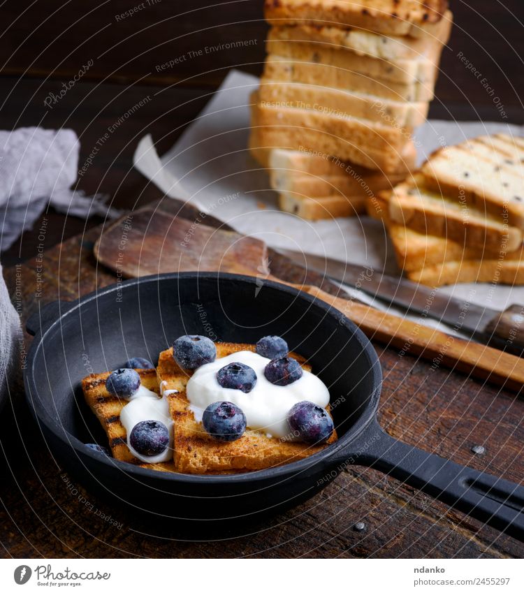 French toast with berries Food Fruit Bread Dessert Candy Breakfast Pan Table Fresh Delicious Above White french cream background whipped Cast iron vintage