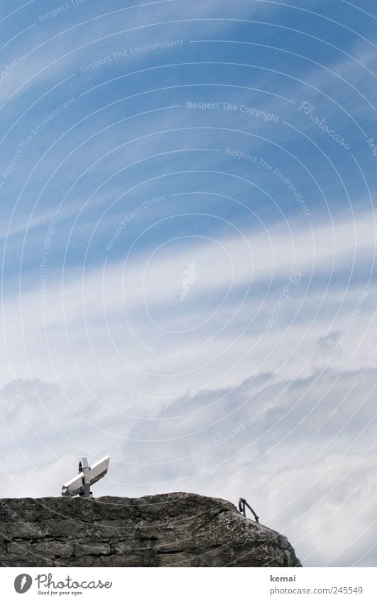 Looking skywards possible Tourism Trip Sightseeing Sky Clouds Sunlight Summer Beautiful weather Wall (barrier) Wall (building) Binoculars Telescope Blue White