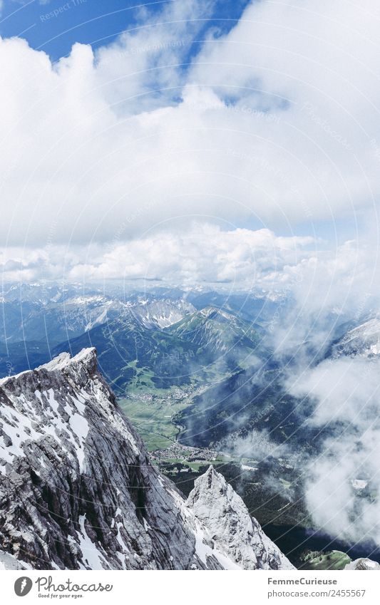 The Alps under cloudy sky Nature Clouds Mountain Valley Sunbeam Colour photo Exterior shot Copy Space top Bird's-eye view Central perspective