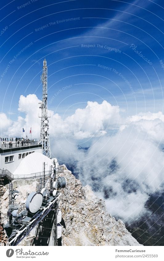 Viewing platform on Zugspitze mountain Nature Lookout tower Vantage point Destination Clouds Fog Haze Blue sky Mountain Hiking Air Exterior shot Colour photo