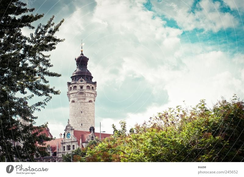 town hall Sightseeing Culture Environment Sky Clouds Tree Bushes City hall Tower Architecture Landmark Historic Green Leipzig Saxony Fantastic Colour photo