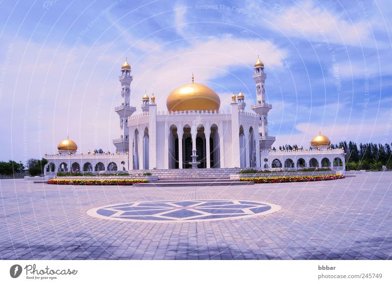 Islamic mosque Tourism Summer Summer vacation Culture Landscape Sky Clouds Castle Places Tower Building Architecture Landmark Monument Historic Blue Gold White