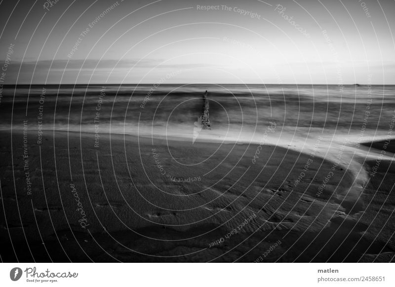 beach Landscape Sand Water Sky Cloudless sky Horizon Spring Beautiful weather Waves Coast Beach Baltic Sea Dark Black White Wooden stake Footprint Sandbank