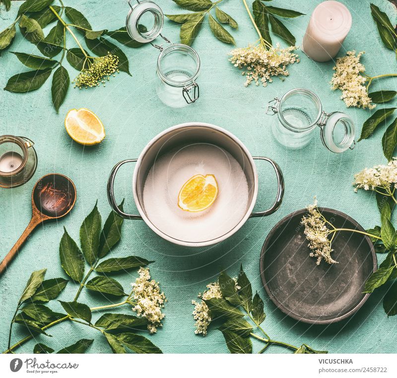 elderflower jam or sirum ingredients Food Jam Nutrition Organic produce Juice Crockery Bowl Pot Spoon Summer Nature Wooden spoon Yellow Design Style Elderflower