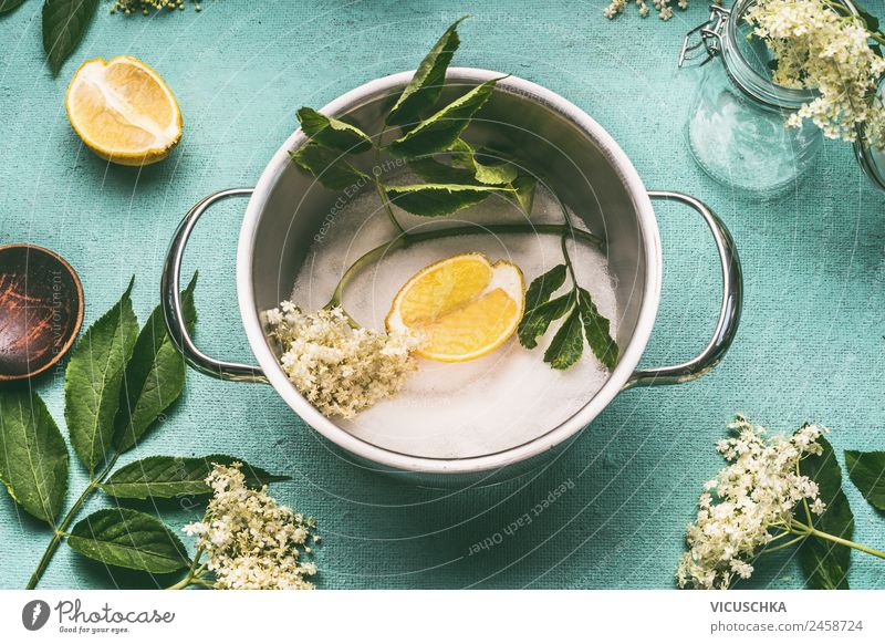 Pot with elderflowers, sugar and lemon Food Nutrition Beverage Juice Crockery Design Healthy Healthy Eating Summer Living or residing Nature Yellow Style