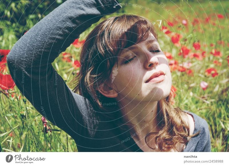 woman in a field of flowers is covering herself from sunlight Lifestyle Style Joy Beautiful Face Healthy Wellness Well-being Senses Relaxation Calm Summer