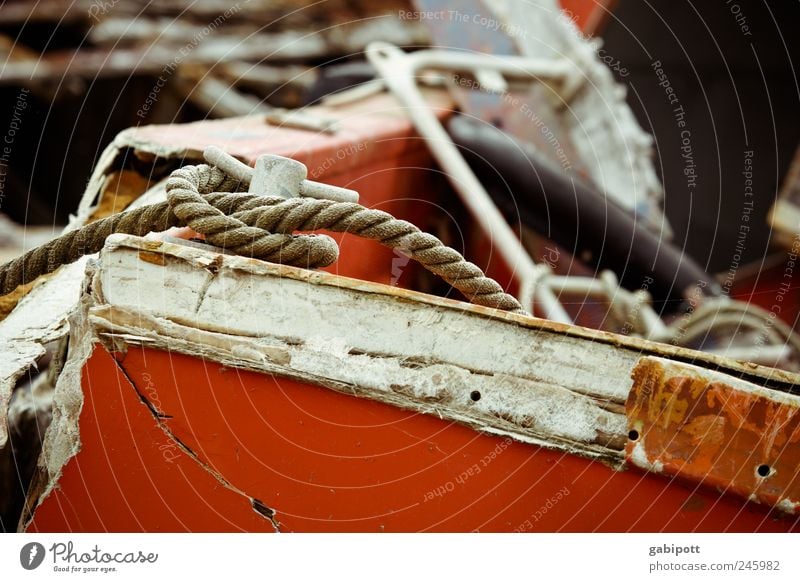 Stranded souls Navigation Fishing boat Motorboat Harbour ship graveyard Rope Plank Knot Wood Old Broken Trashy Brown Red White Decline Past Transience Change