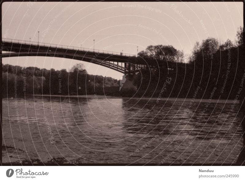 liaison Bridge Retro Sepia Analog River Isar Boating trip Exterior shot Summer Black & white photo Experimental