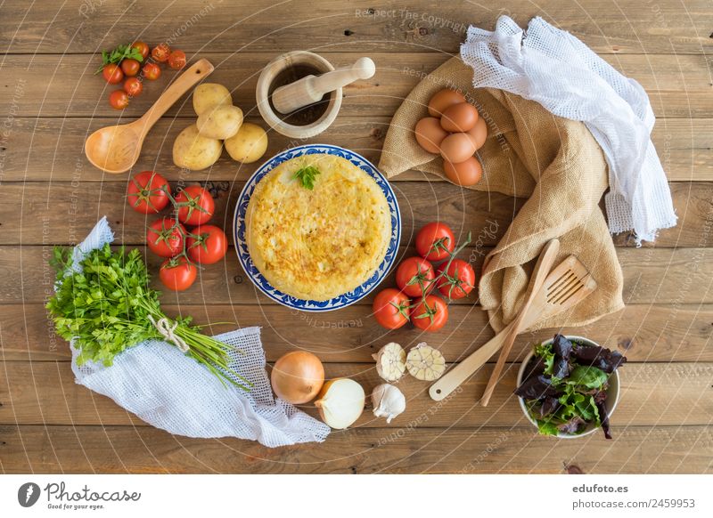 Traditional spanish omelette. Vegetable Nutrition Lunch Dinner Plate Lifestyle Healthy Eating Restaurant Authentic Fresh Green White Spain Baking Basil Linen