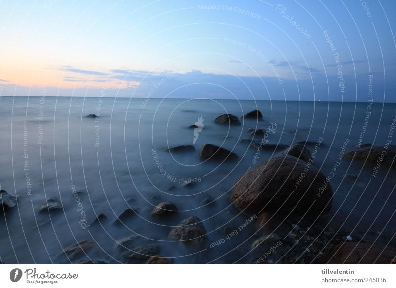 marine fog Landscape Water Sky Clouds Horizon Sunrise Sunset Sunlight Summer Fog Rock Waves Coast Lakeside Beach Baltic Sea Deserted Cool (slang) Blue Silver