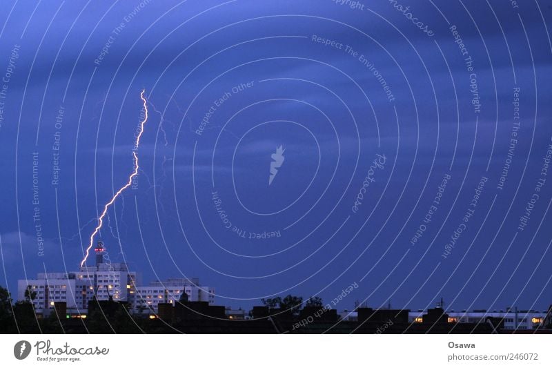 storm warning Nature Elements Fire Air Sky Clouds Storm clouds Night sky Horizon Thunder and lightning Lightning Town Capital city Skyline Building Blue Power