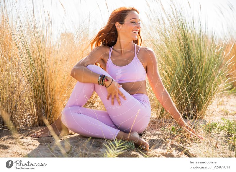 Woman practicing yoga at the beach Lifestyle Sports Fitness Sports Training Yoga Feminine Adults 1 Human being 18 - 30 years Youth (Young adults) Friendliness