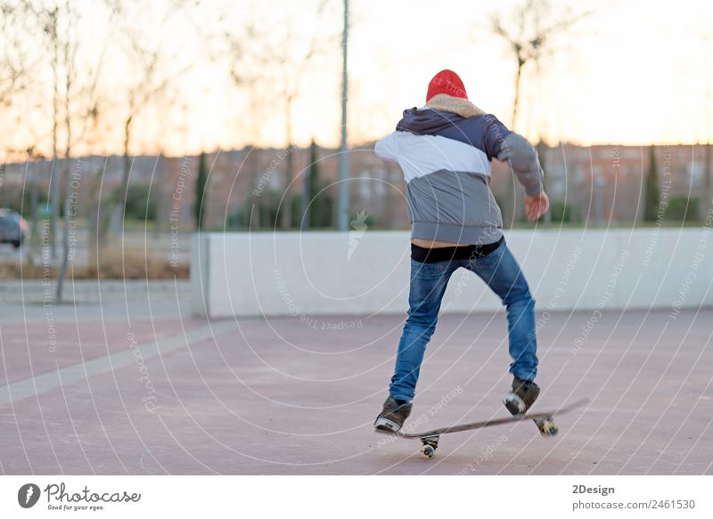 teenager practicing with skateboard at sunrise city Lifestyle Joy Relaxation Leisure and hobbies Summer Sports Child Human being Masculine Boy (child) Man