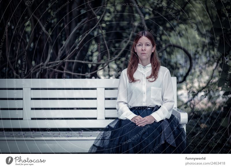 Woman in white blouse sitting on park bench Feminine Adults 1 Human being 30 - 45 years Fashion Clothing Skirt Blouse Hair and hairstyles Red-haired Long-haired