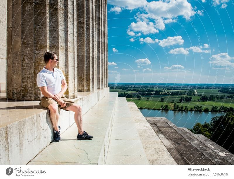 Man sits at Valhalla and looks into the distance Germany Regensburg Walhalla Tourist Attraction Column Vantage point Far-off places Panorama (View) Danube